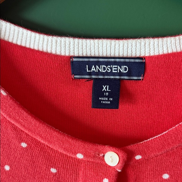 Lands' End Coral & White Polka Dot Womens XL/18 Knit Cardigan Classic Preppy - Picture 2 of 9